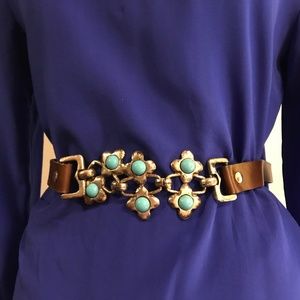 Vintage Doncaster brown belt with silver and turquoise trim, medium